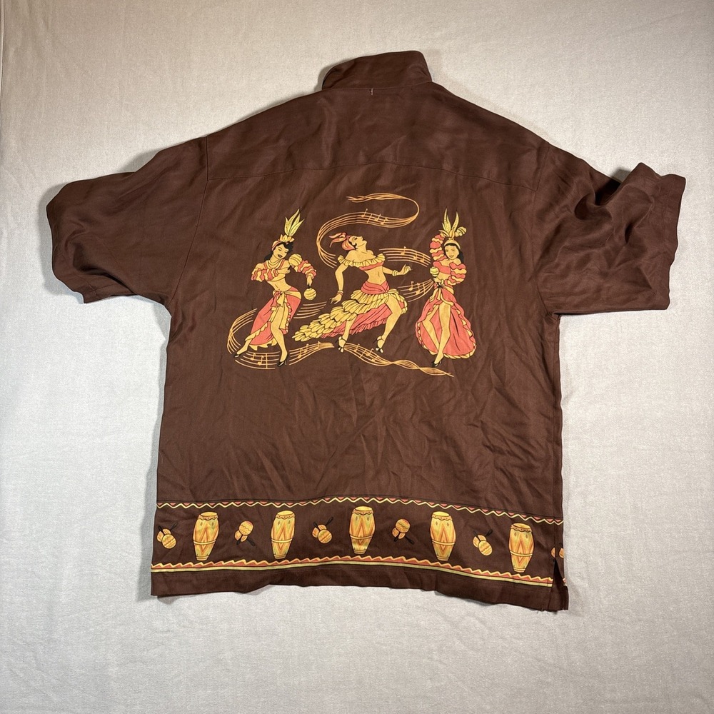 Tommy Bahama Havana Camp Shirt Mens XL Brown Silk Loop Collar Dancers